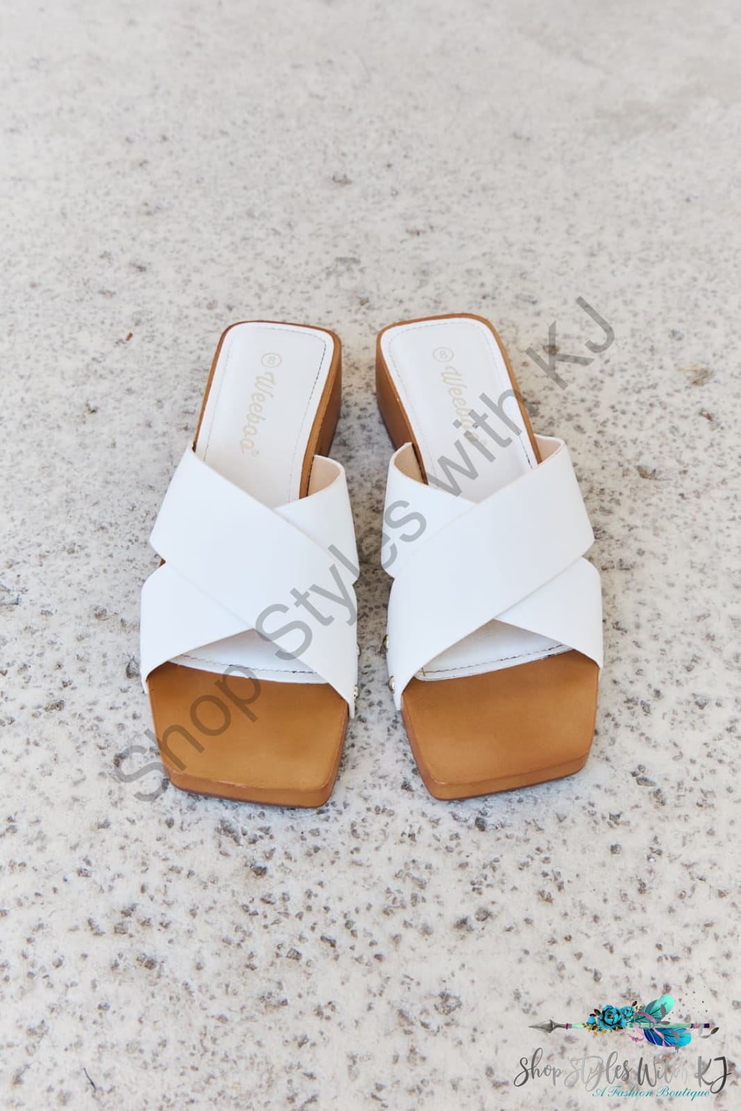 Weeboo Step Into Summer Criss Cross Wooden Clog Mule In White Shoes