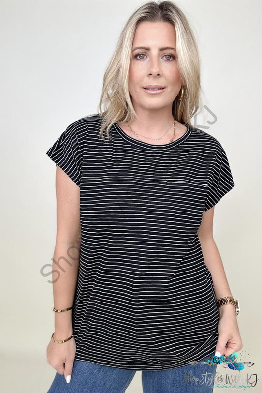 Striped Casual Top With Contrast Pocket Detailed Black Multi / S T-Shirts