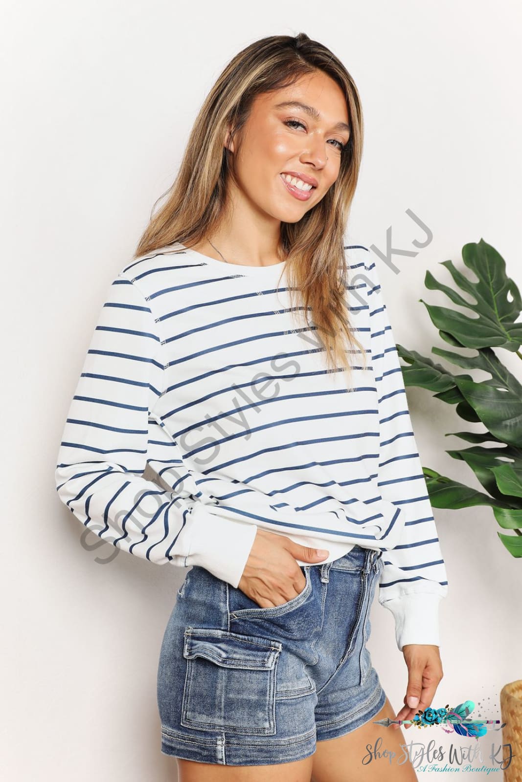 Double Take Striped Long Sleeve Round Neck Top Shirts & Tops