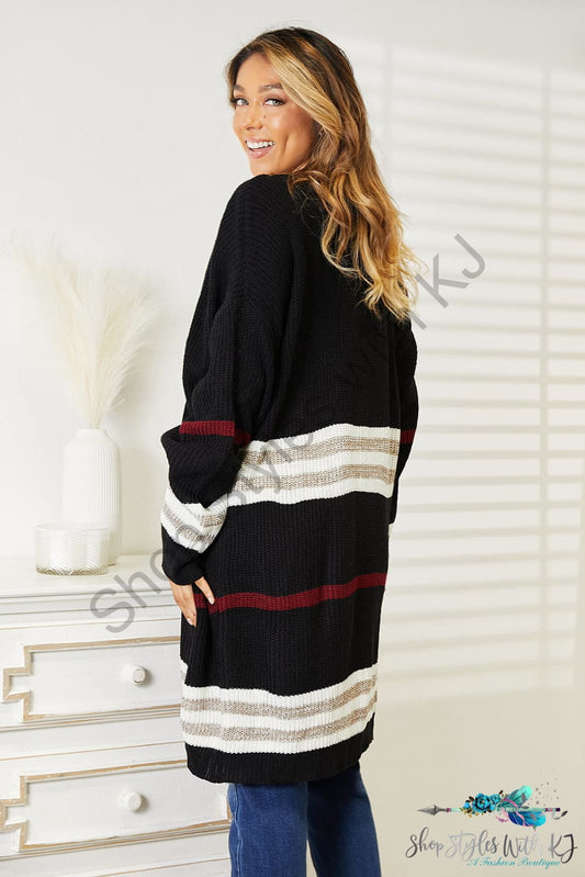 Double Take Striped Rib-Knit Drop Shoulder Open Front Cardigan Sweaters & Cardigans