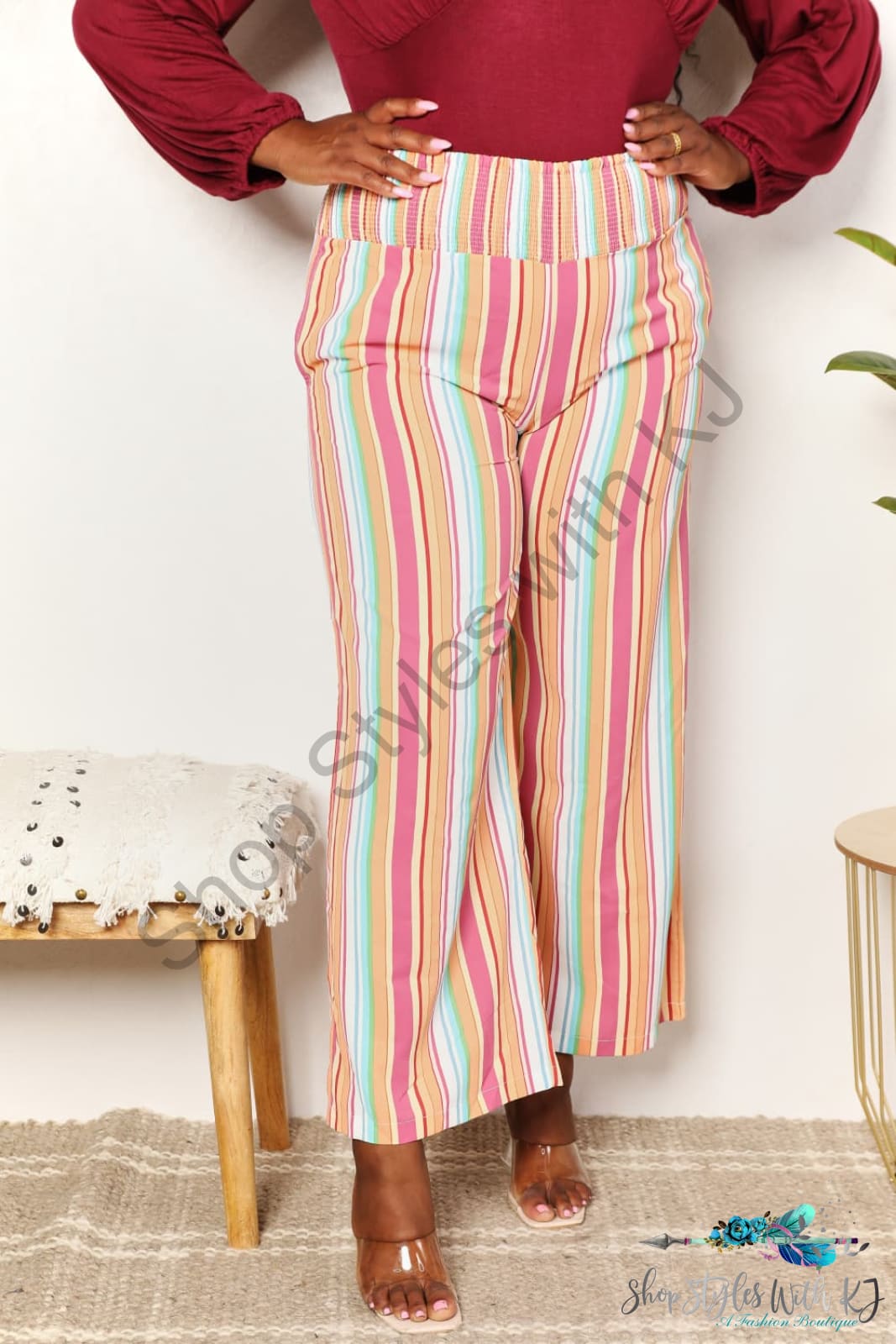 Double Take Striped Smocked Waist Pants With Pockets