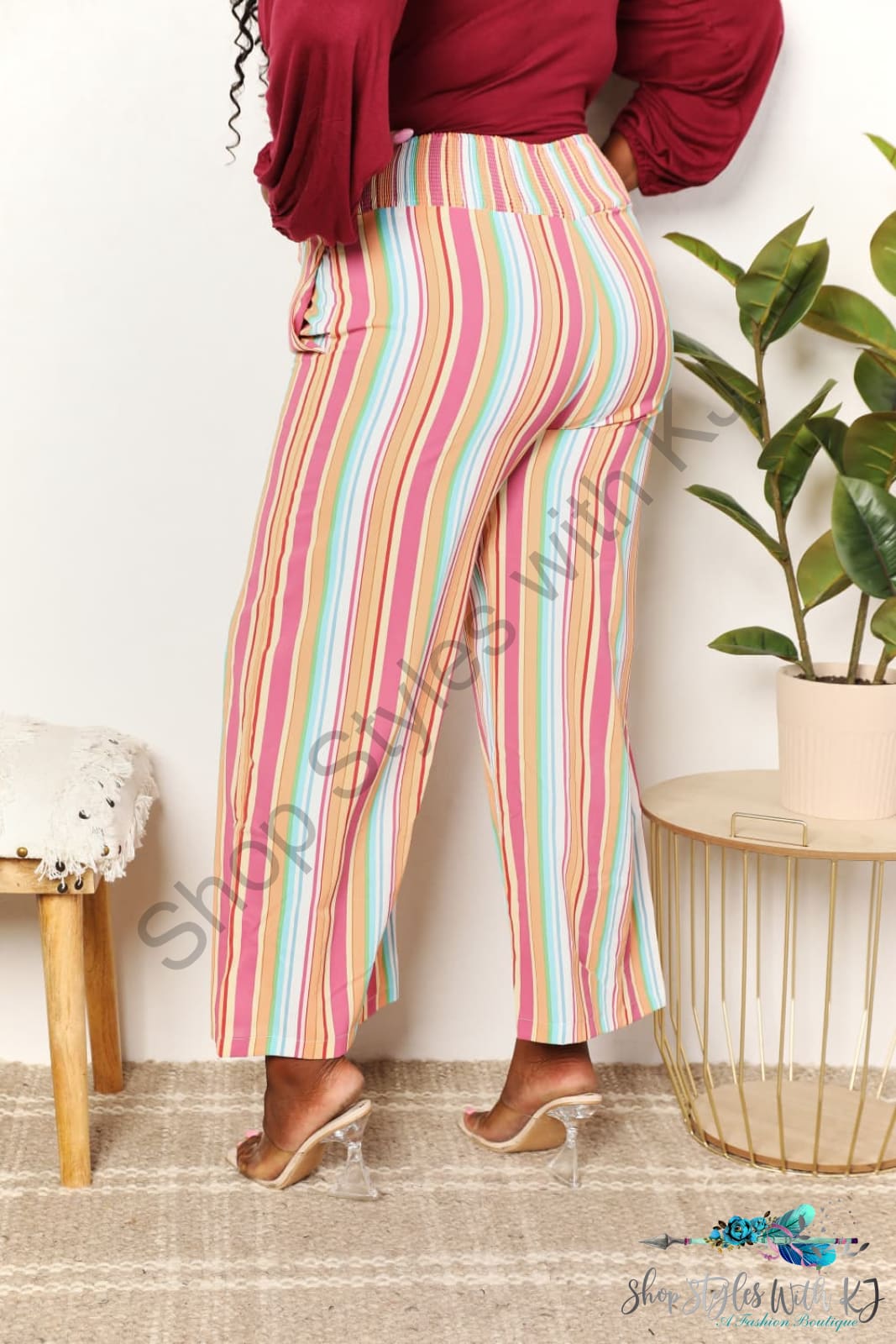 Double Take Striped Smocked Waist Pants With Pockets