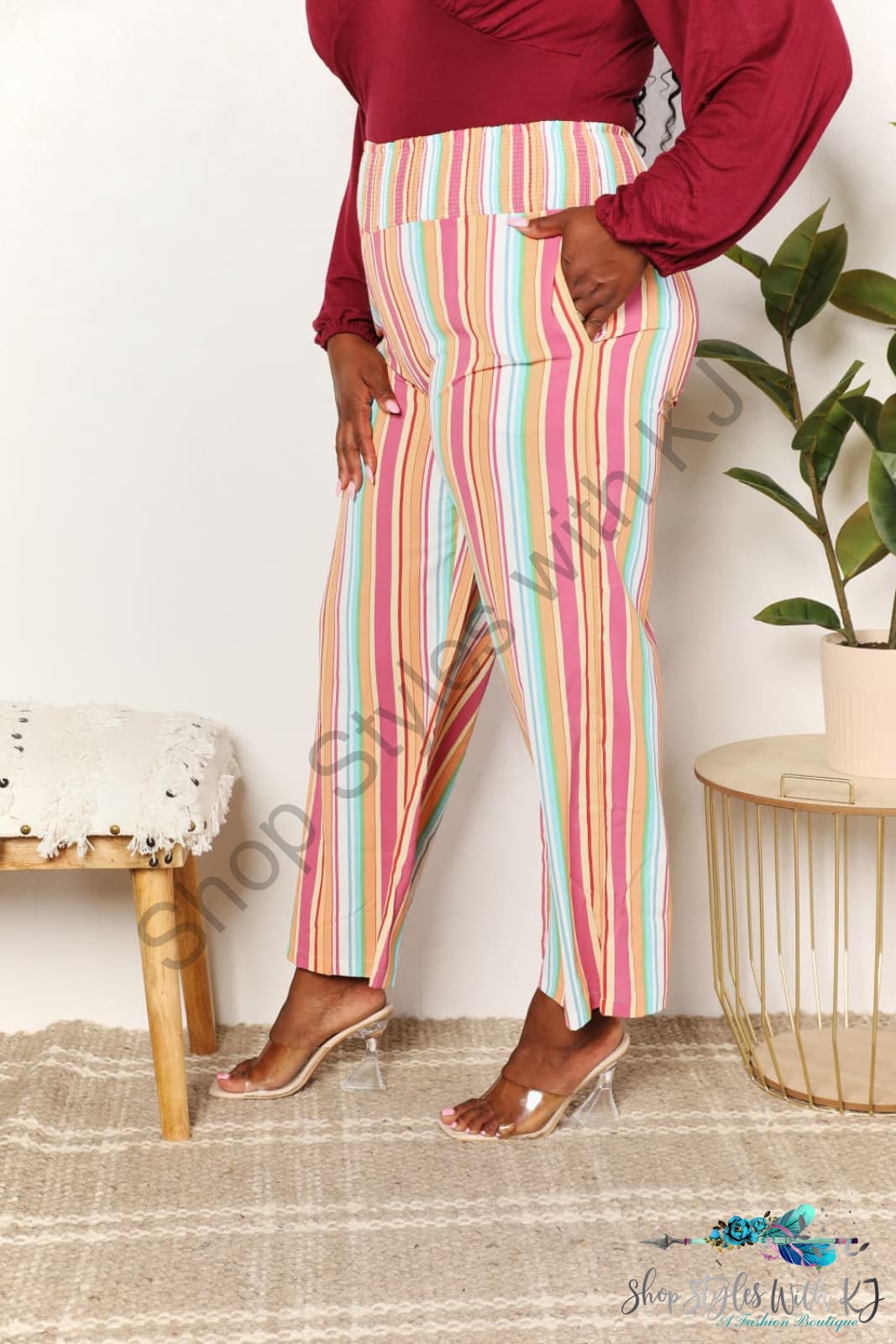 Double Take Striped Smocked Waist Pants With Pockets