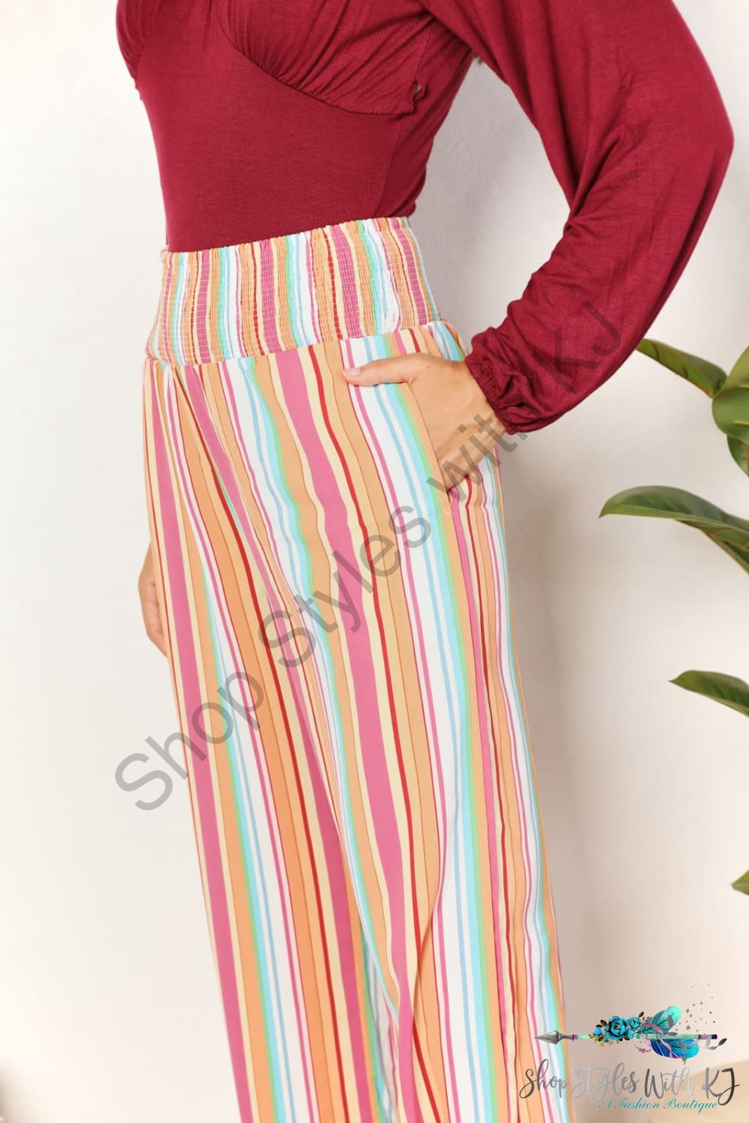 Double Take Striped Smocked Waist Pants With Pockets