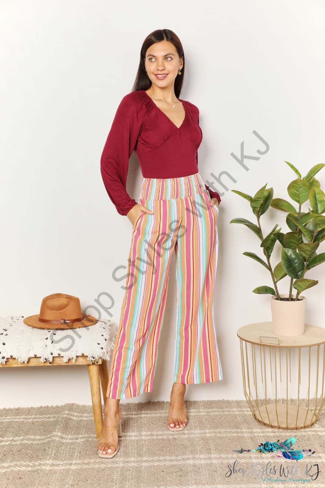 Double Take Striped Smocked Waist Pants With Pockets