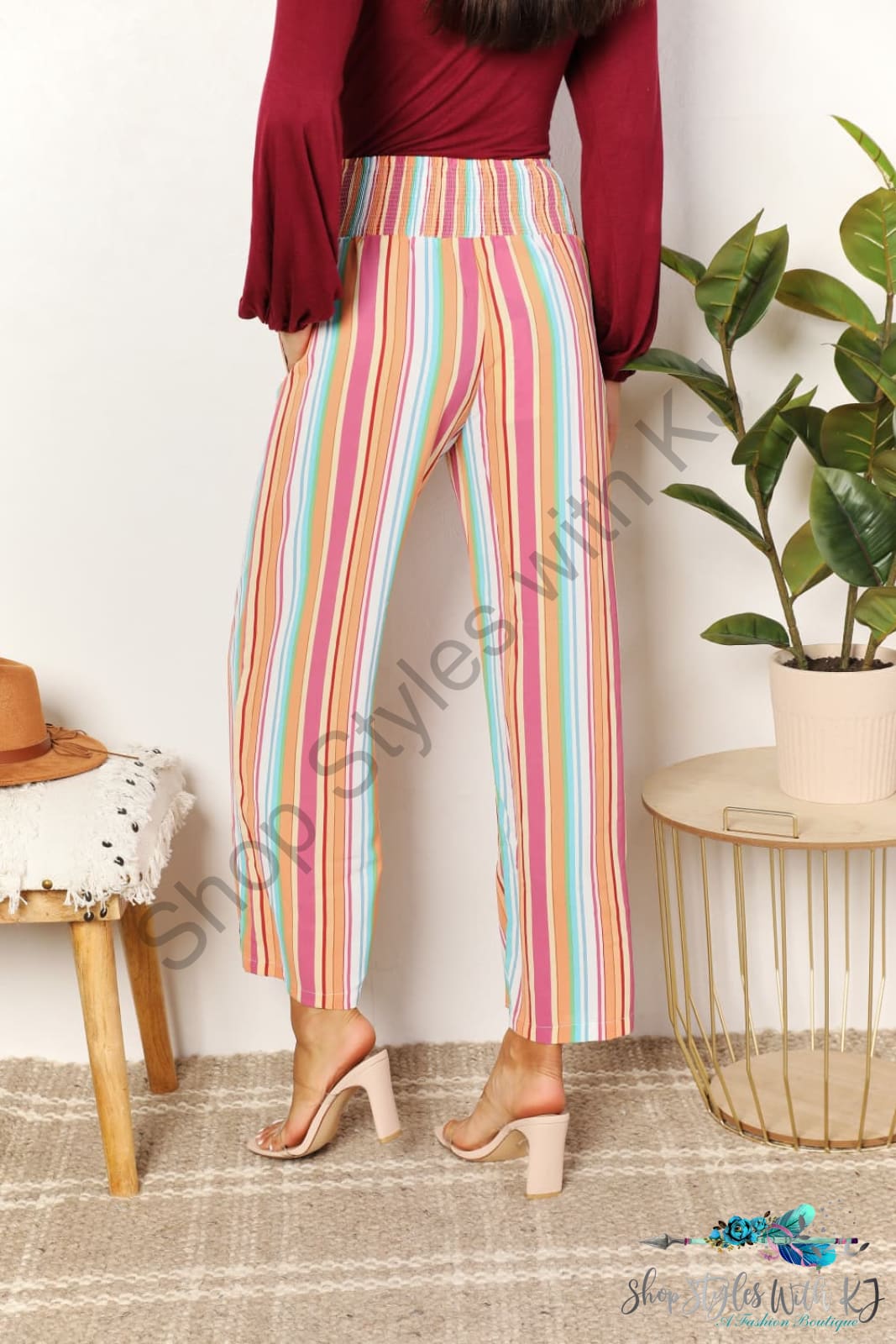 Double Take Striped Smocked Waist Pants With Pockets