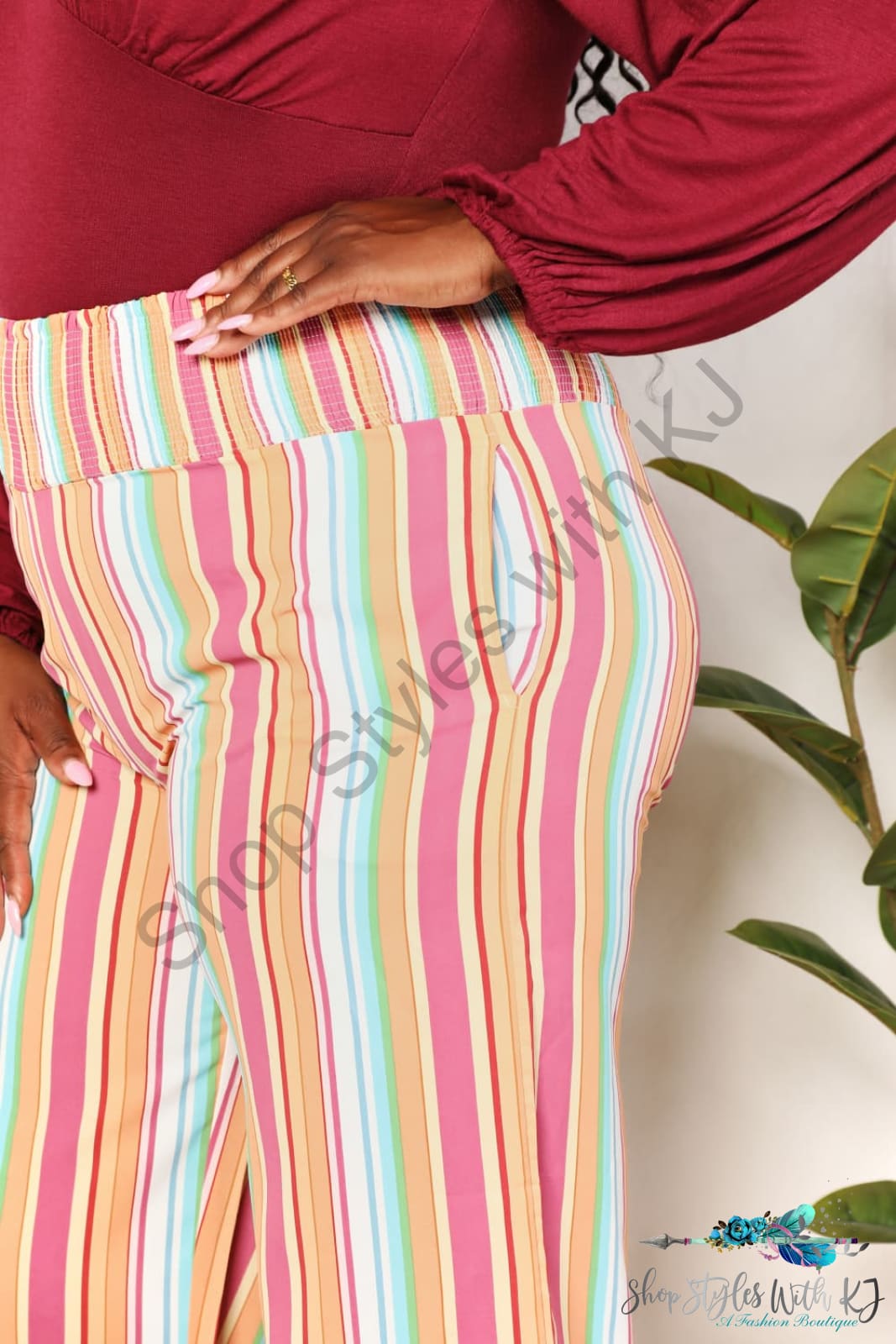 Double Take Striped Smocked Waist Pants With Pockets