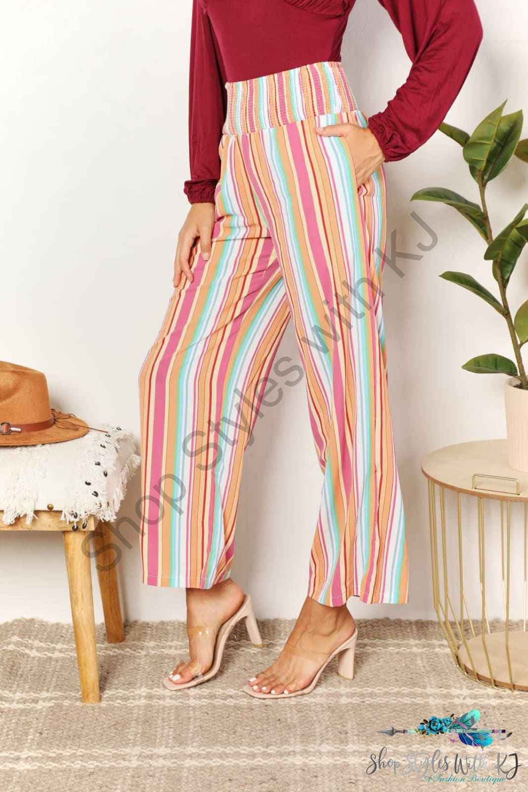 Double Take Striped Smocked Waist Pants With Pockets