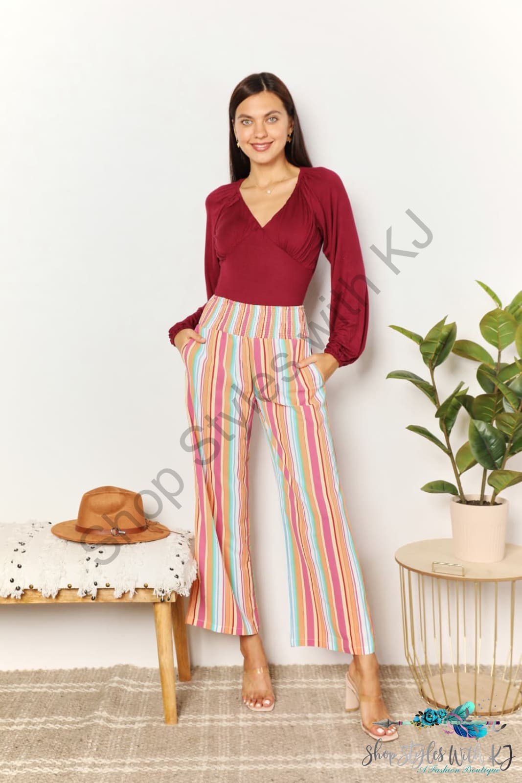 Double Take Striped Smocked Waist Pants With Pockets