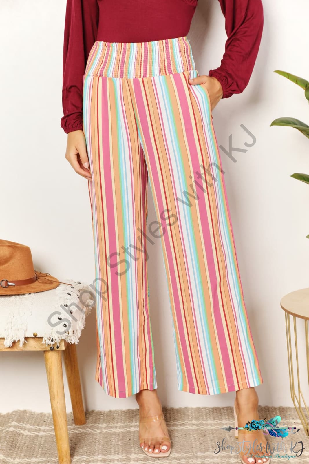 Double Take Striped Smocked Waist Pants With Pockets Multicolor / S