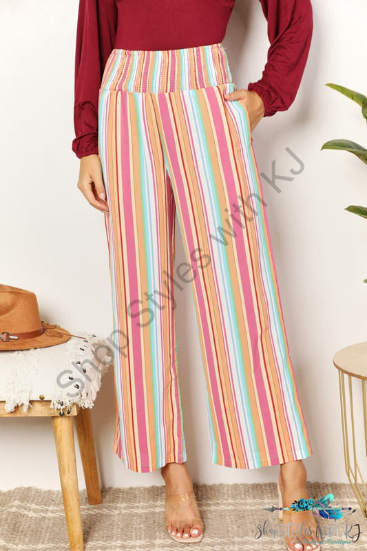 Double Take Striped Smocked Waist Pants With Pockets Multicolor / S