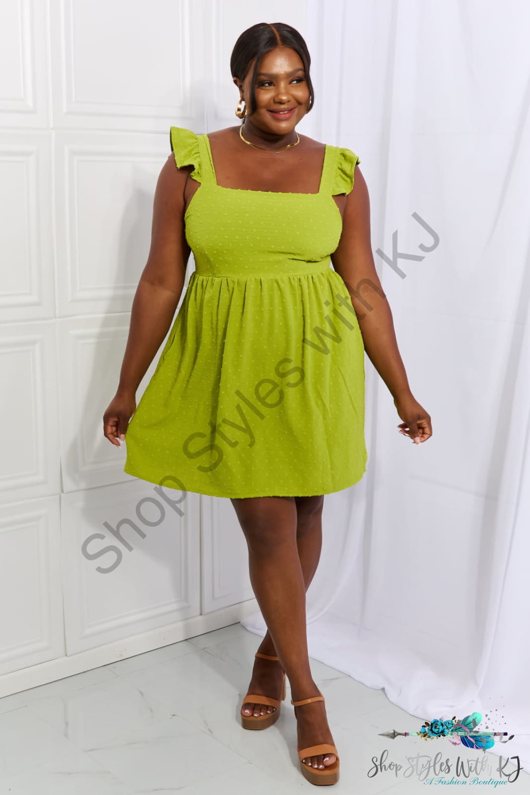 Culture Code Sunny Days Full Size Empire Line Ruffle Sleeve Dress In Lime
