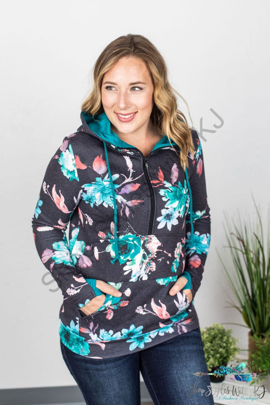 Teal Blue Floral Half Zip Hoodie