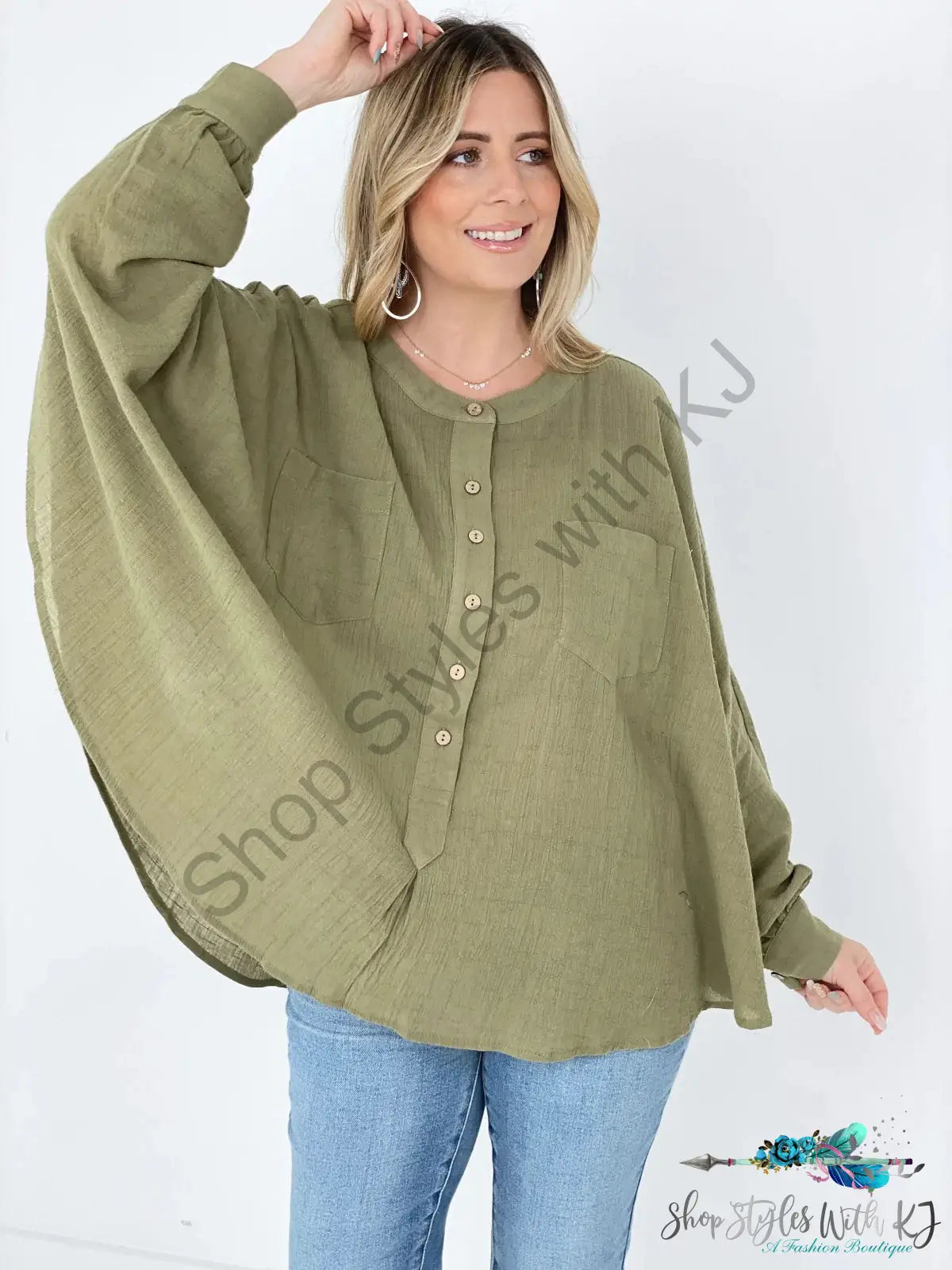Textured Cotton Linen Oversized Top Olive Green / S Blouses