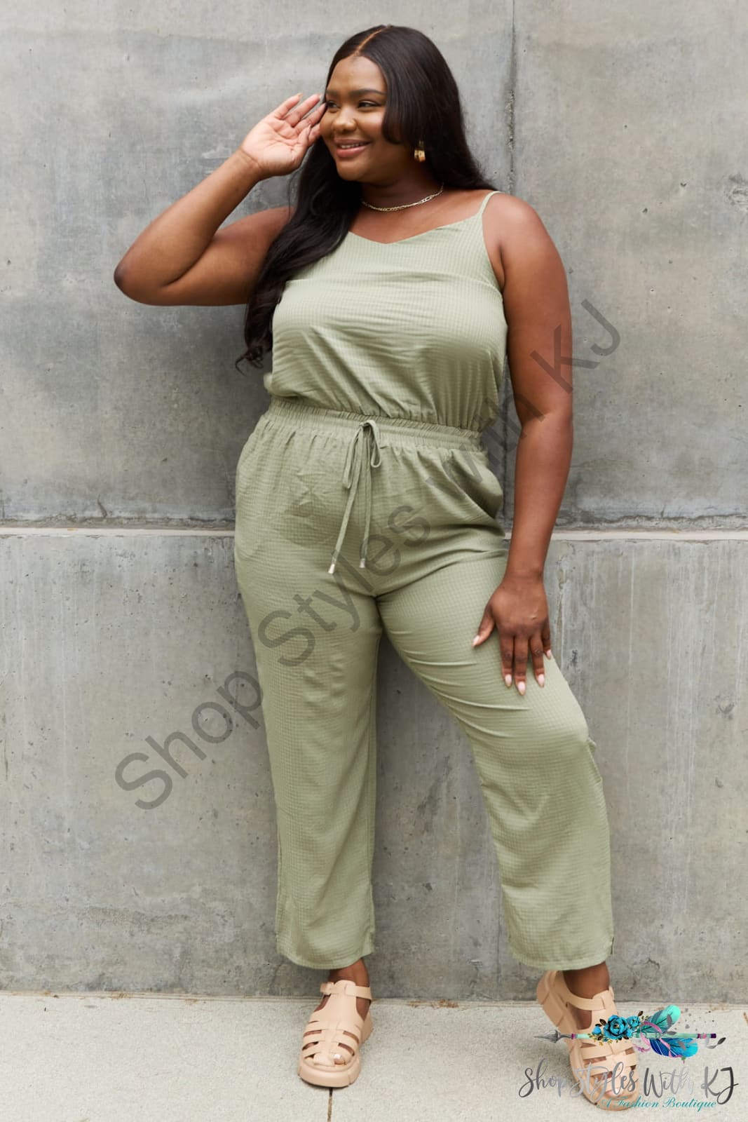 Oddi Full Size Textured Woven Jumpsuit In Sage / S