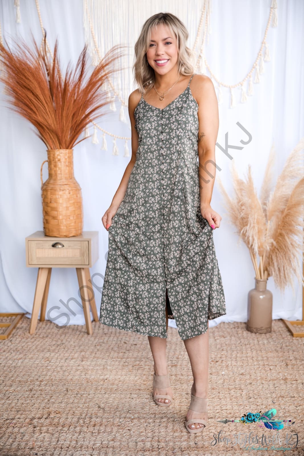 The Perfect Transition - Dress, sleeveless midi dress, olive floral dress, adjustable straps, back ties, v-neck and button detail, fall dress