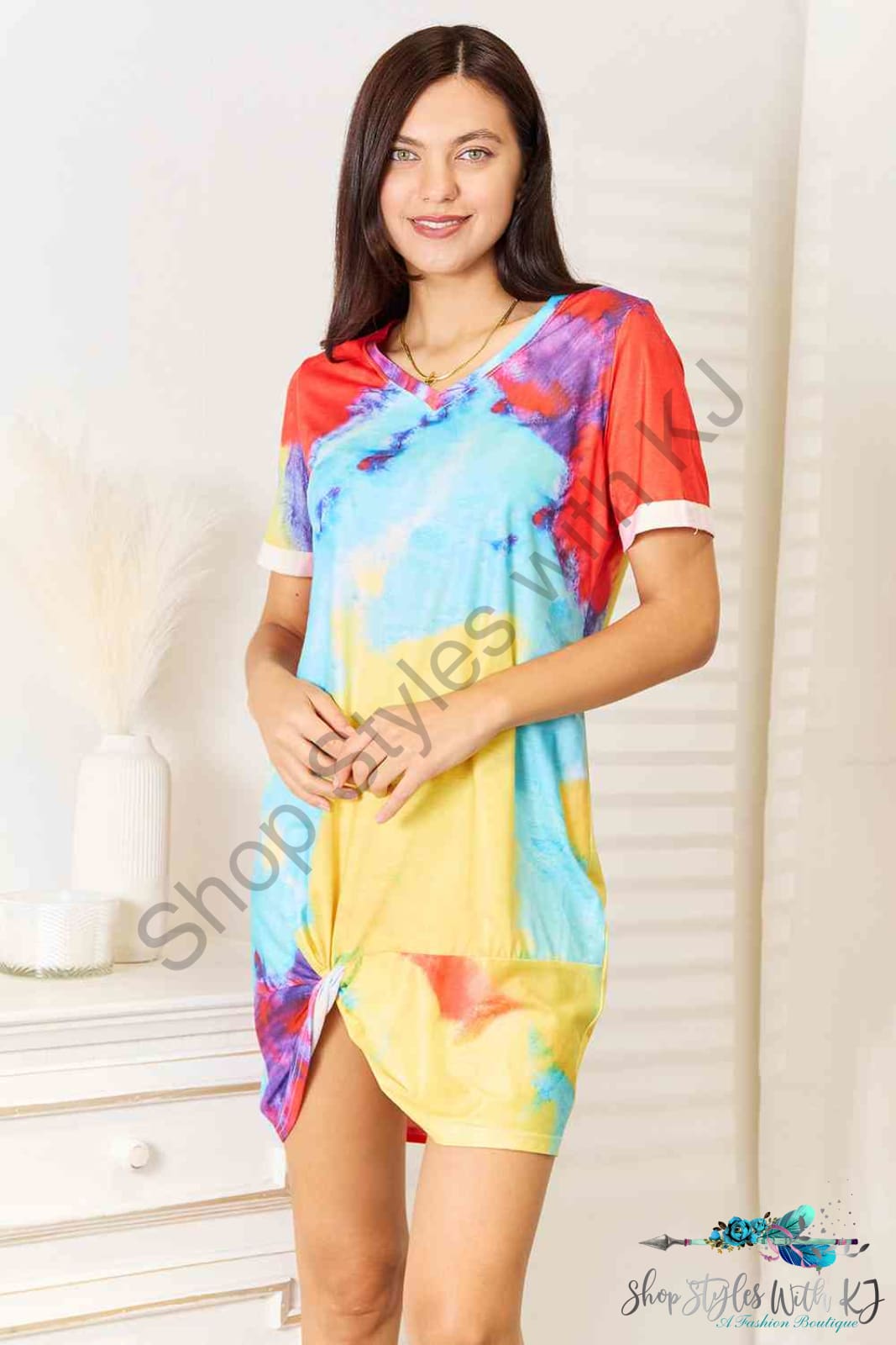 Double Take Tie-Dye V-Neck Twisted Dress Multicolor / S