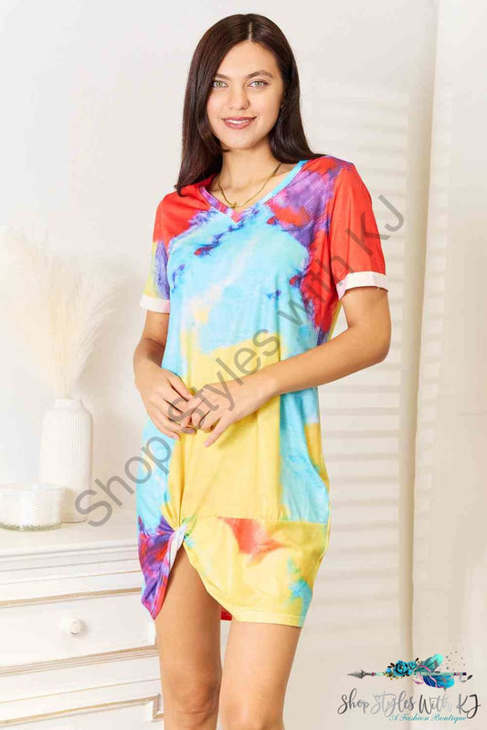 Double Take Tie-Dye V-Neck Twisted Dress Multicolor / S