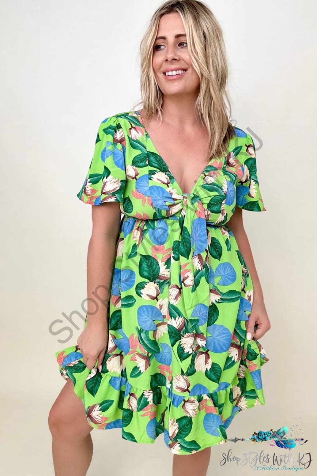 Gigio Tropical Print Flutter Sleeve Mini Dress Apple Green / S Dresses