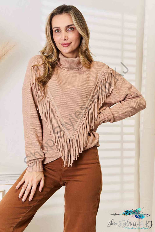 Woven Right Turtleneck Fringe Front Long Sleeve Sweater Camel / S