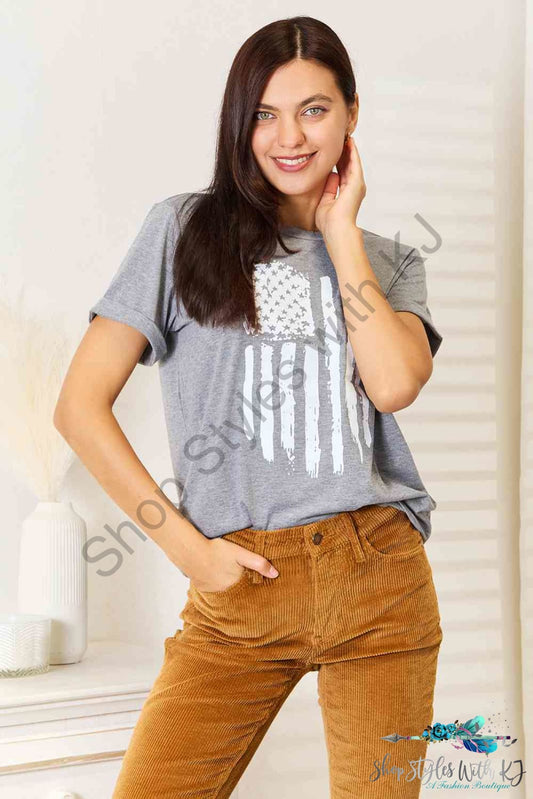 Simply Love Us Flag Graphic Cuffed Sleeve T-Shirt Heather Gray / S