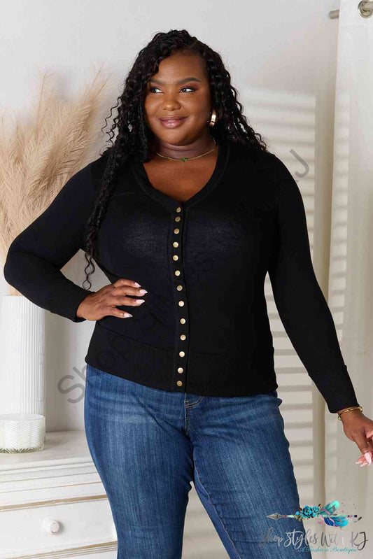 Zenana Full Size V-Neck Long Sleeve Cardigan Black / S