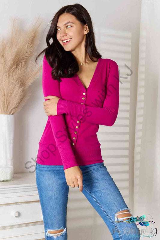 Zenana Full Size V-Neck Long Sleeve Cardigan Magenta / S