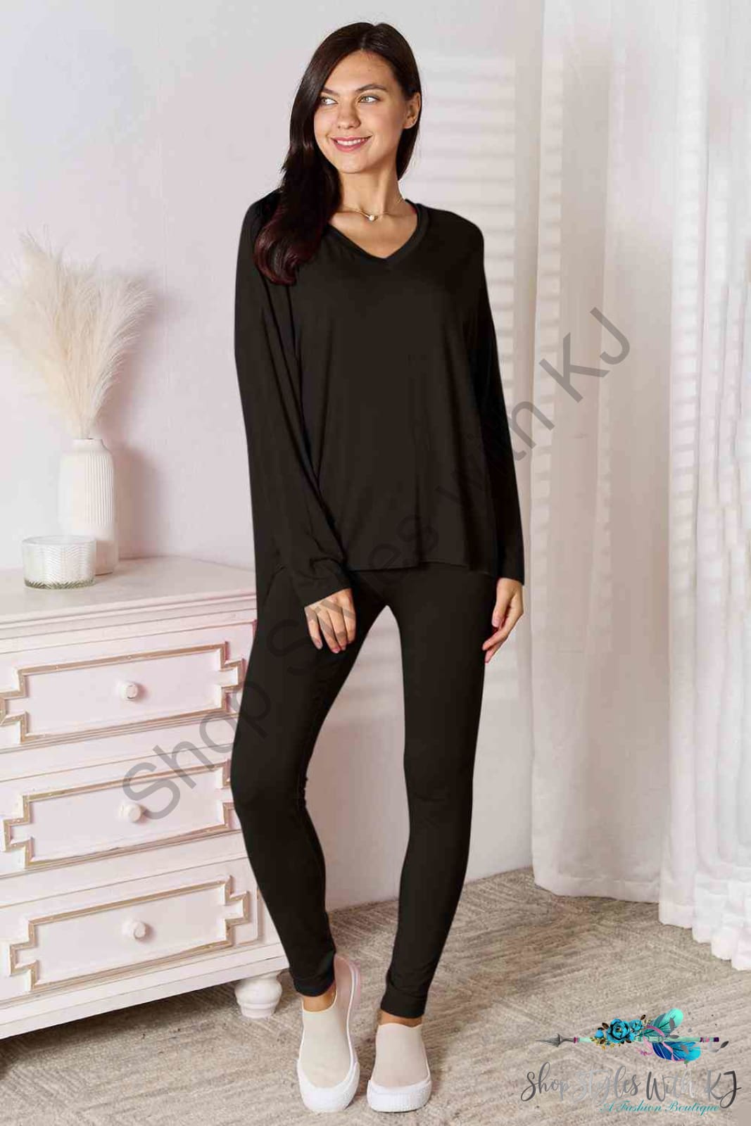Basic Bae Full Size V-Neck Soft Rayon Long Sleeve Top And Pants Lounge Set Black / S