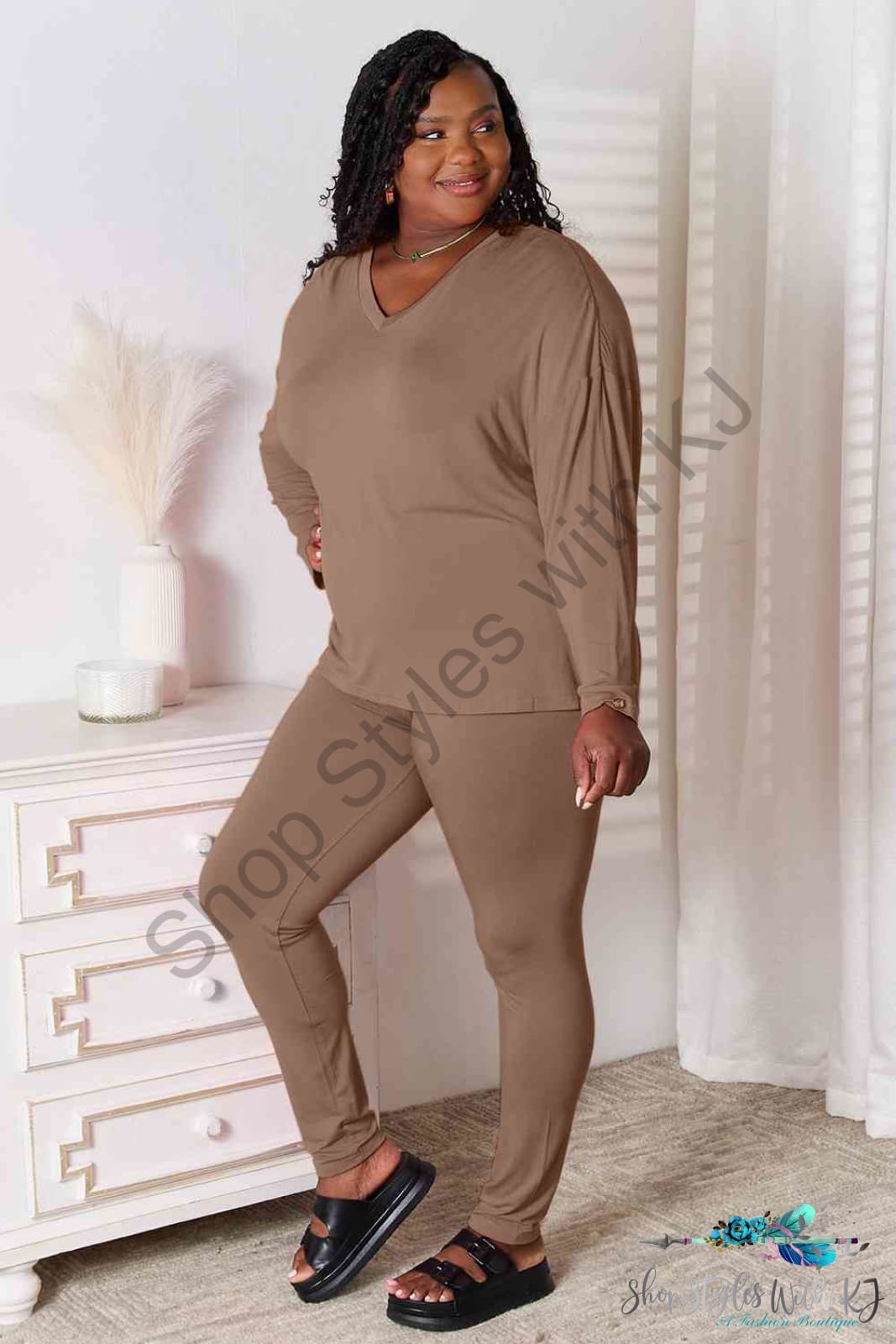 Basic Bae Full Size V-Neck Soft Rayon Long Sleeve Top And Pants Lounge Set Taupe / S