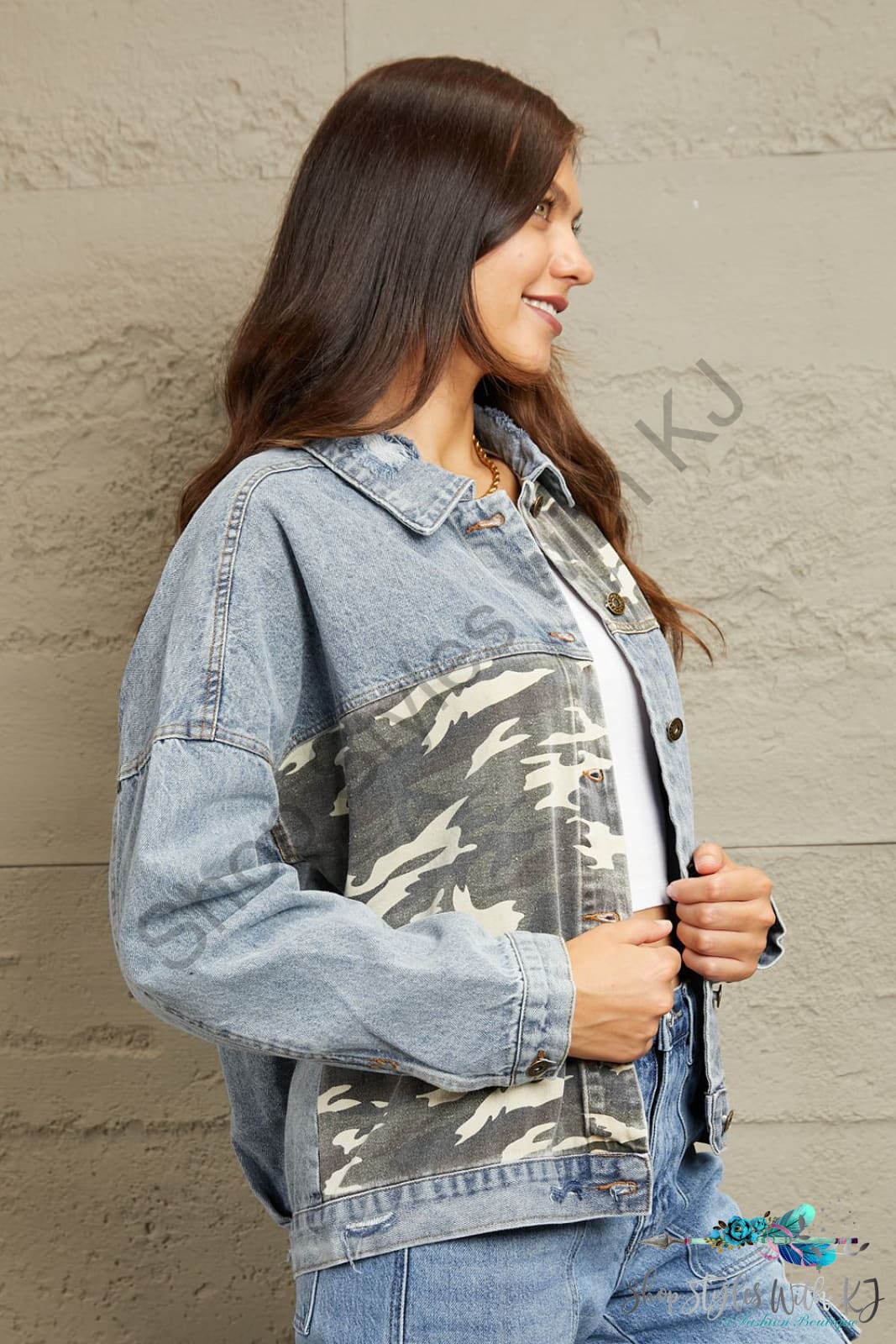 Geegee Full Size Washed Denim Camo Contrast Jacket