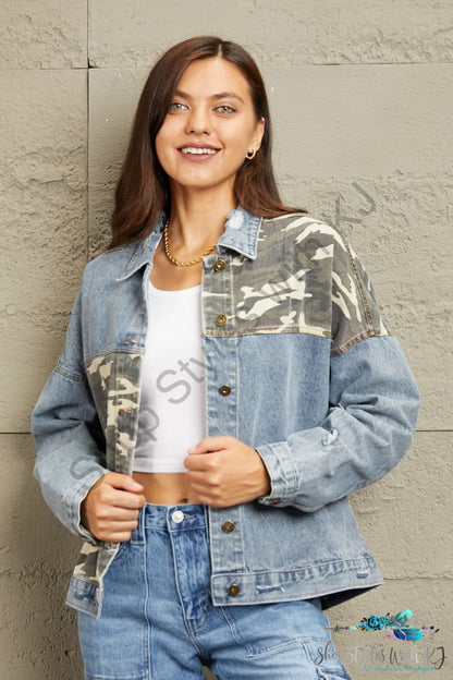 Geegee Full Size Washed Denim Camo Contrast Jacket Light / S