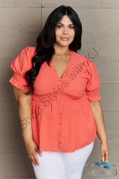 Whimsical Wonders V-Neck Puff Sleeve Button Down Top Coral / S Shirts & Tops