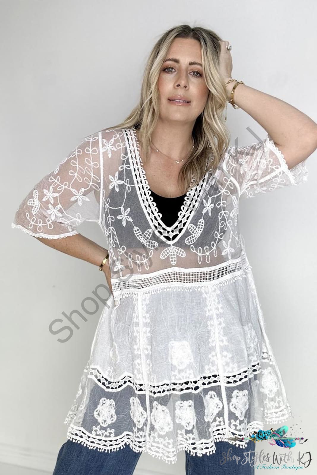 White Birch Half Sleeve Lace Cover Up Ups