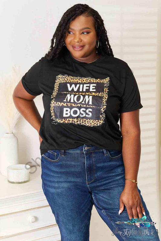 Simply Love Wife Mom Boss Leopard Graphic T-Shirt Black / S Shirts & Tops