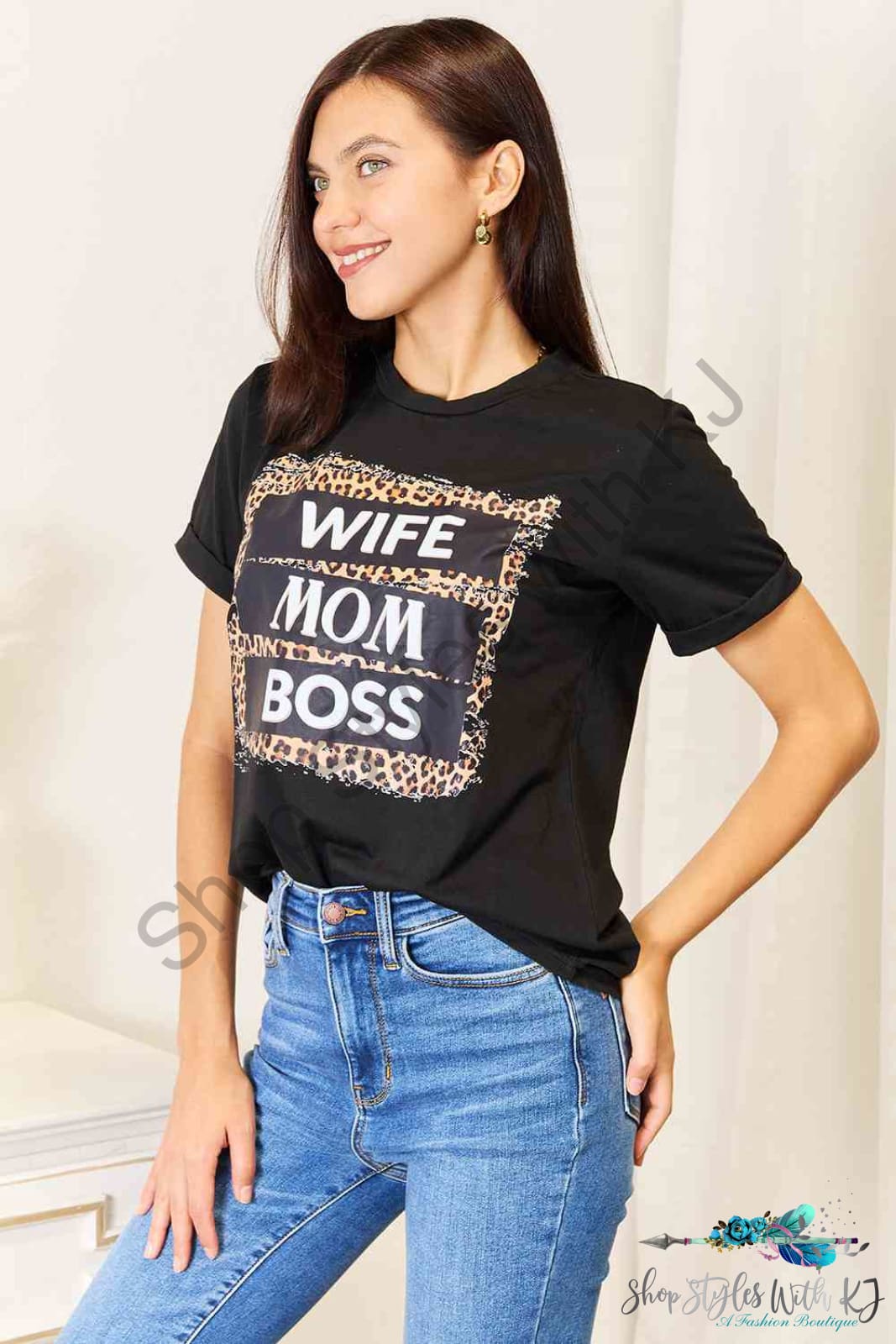 Simply Love Wife Mom Boss Leopard Graphic T-Shirt Shirts & Tops