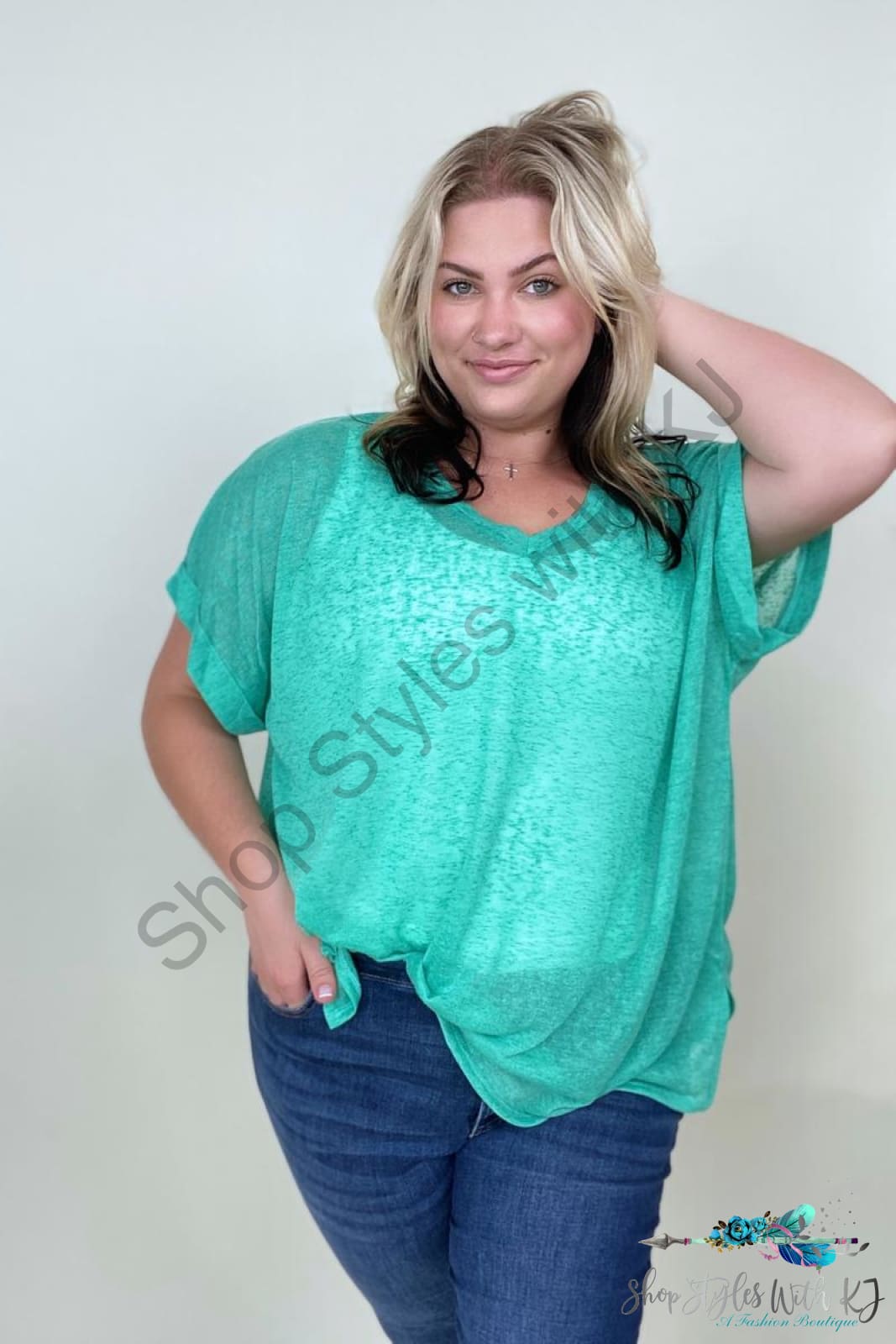 Womens V Neck Short Sleeve Knit Top Green / 1X T-Shirts