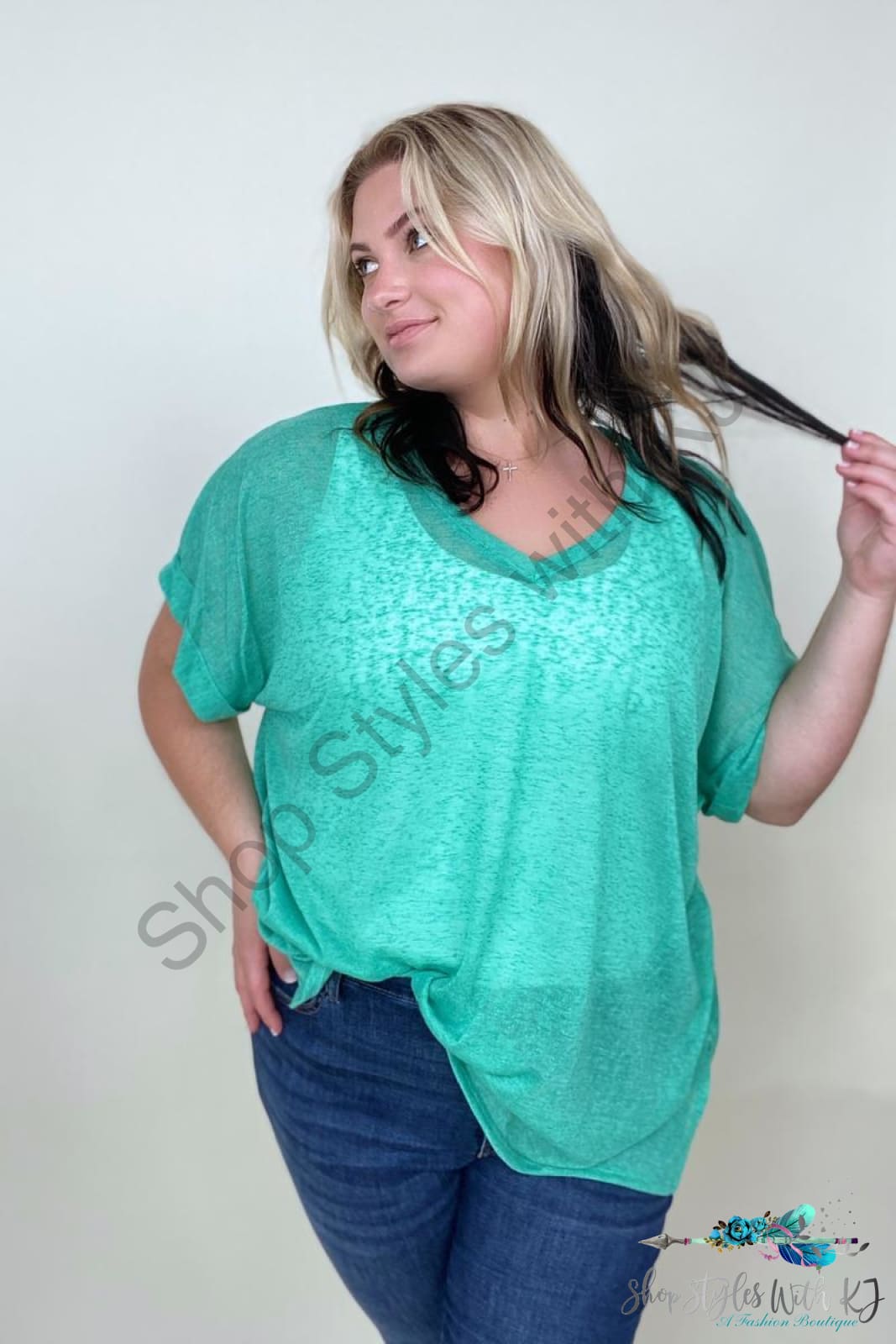 Womens V Neck Short Sleeve Knit Top Green / Xl T-Shirts