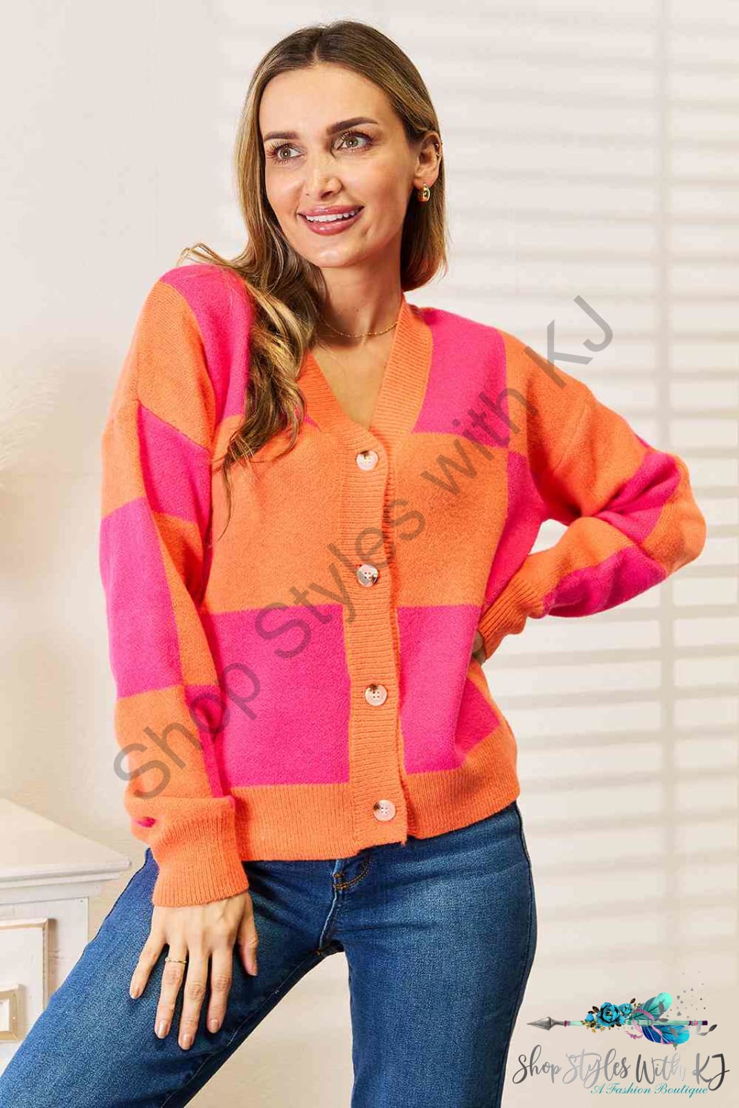 Woven Right Checkered V-Neck Dropped Shoulder Cardigan Sweaters & Cardigans