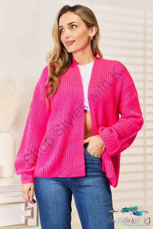 Woven Right Rib-Knit Open Front Drop Shoulder Cardigan Hot Pink / S Sweaters & Cardigans