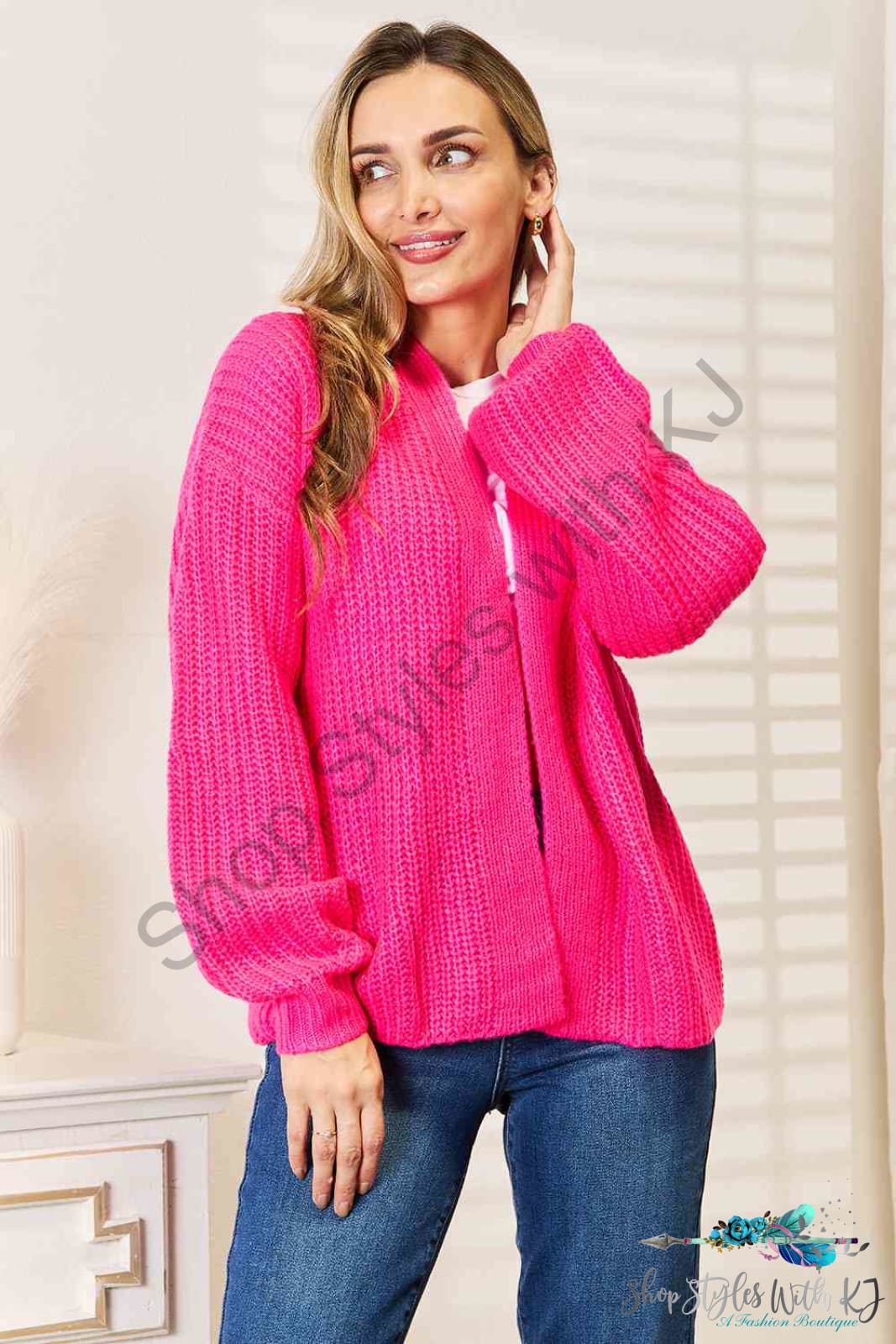 Woven Right Rib-Knit Open Front Drop Shoulder Cardigan Sweaters & Cardigans