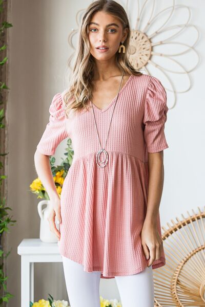 Waffle Knit V-Neck Babydoll Top