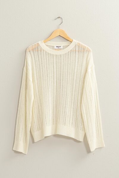 Openwork Ribbed Trim Long Sleeve Knit Top