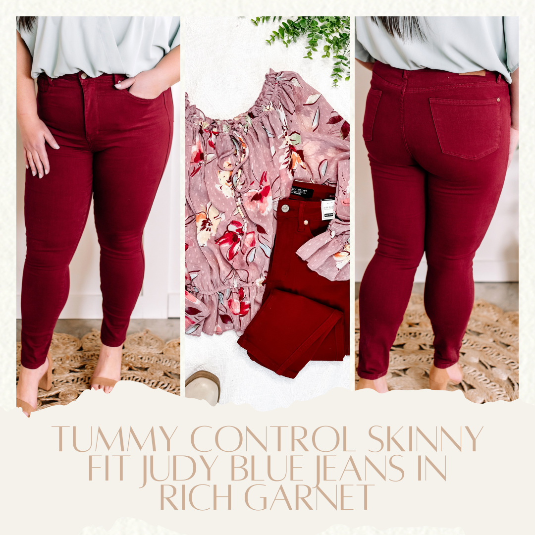 Tummy Control Skinny Fit Judy Blue Jeans In Rich Garnet