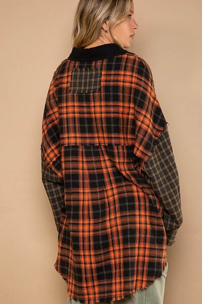 Plaid Contrast Long Sleeve Raw Hem Shacket with Chest Pockets