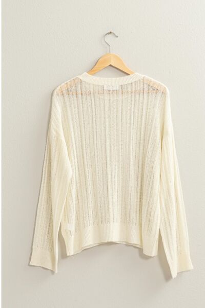 Openwork Ribbed Trim Long Sleeve Knit Top