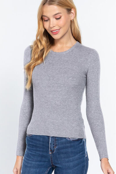 Ribbed Round Neck Long Sleeve Knit Top