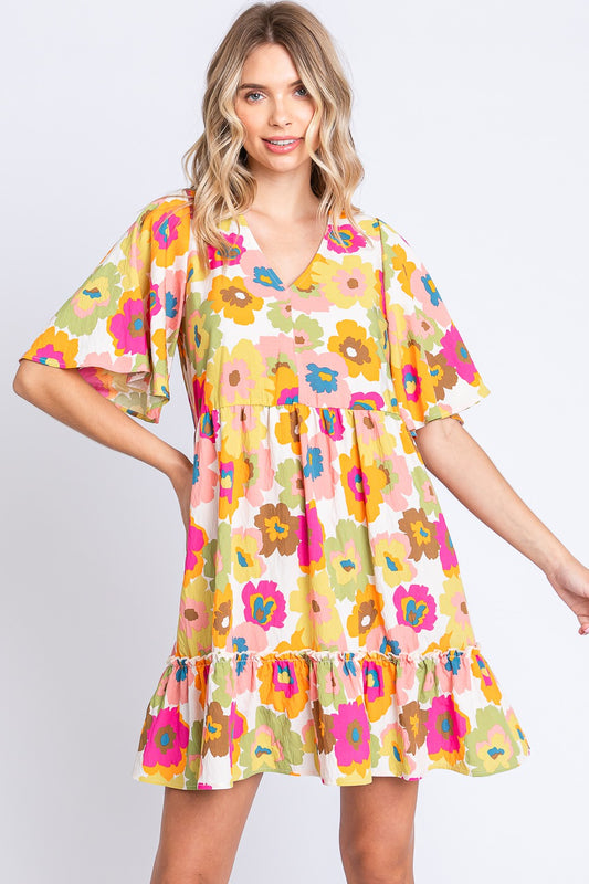 Floral V-Neck Ruffle Trim Mini Dress