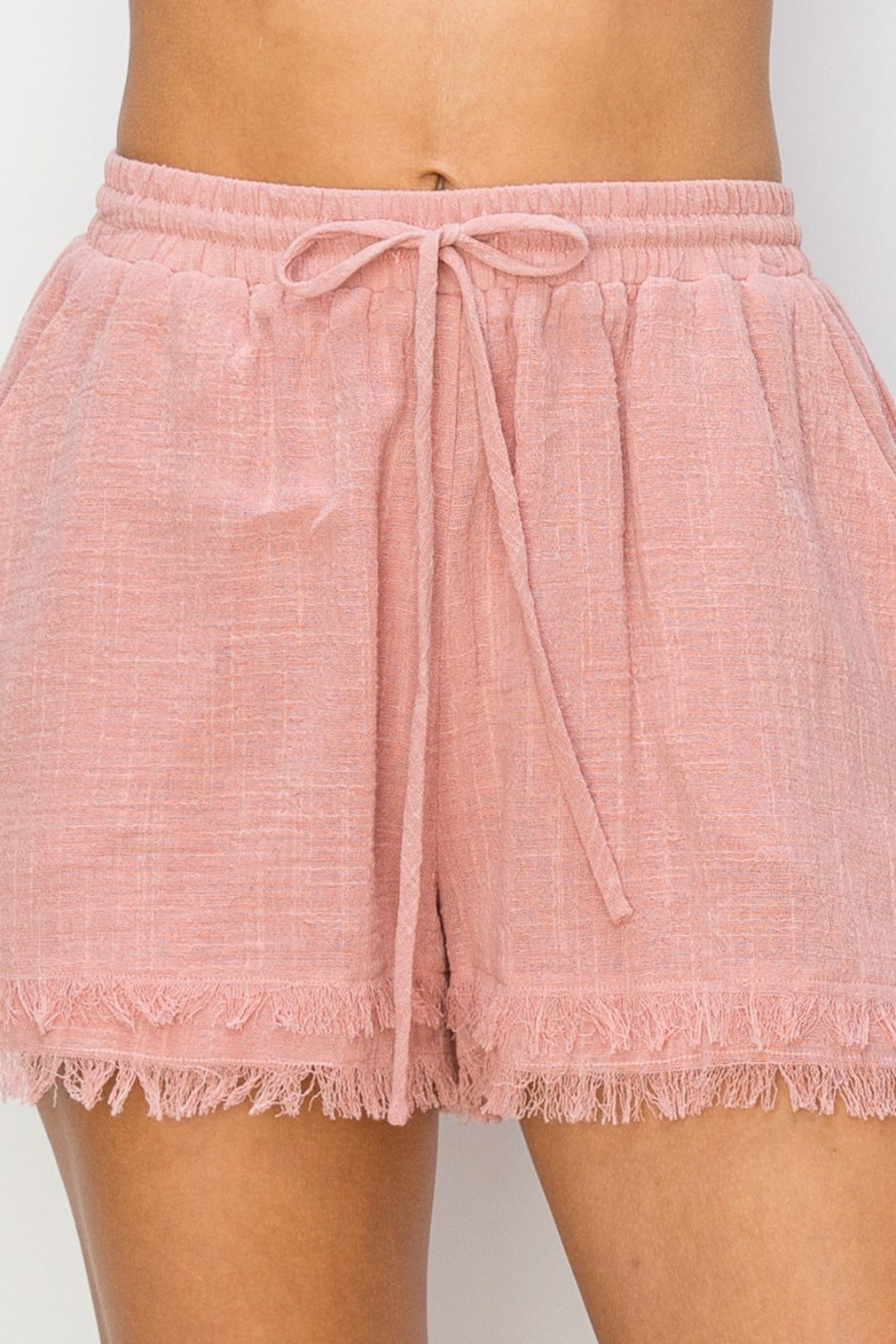 Drawstring Cotton Gauze Frayed Shorts