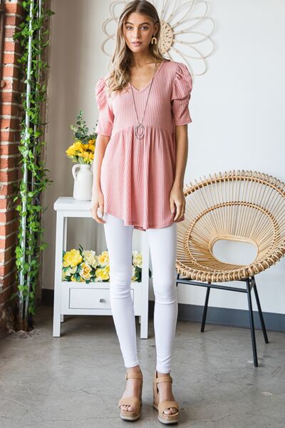 Waffle Knit V-Neck Babydoll Top