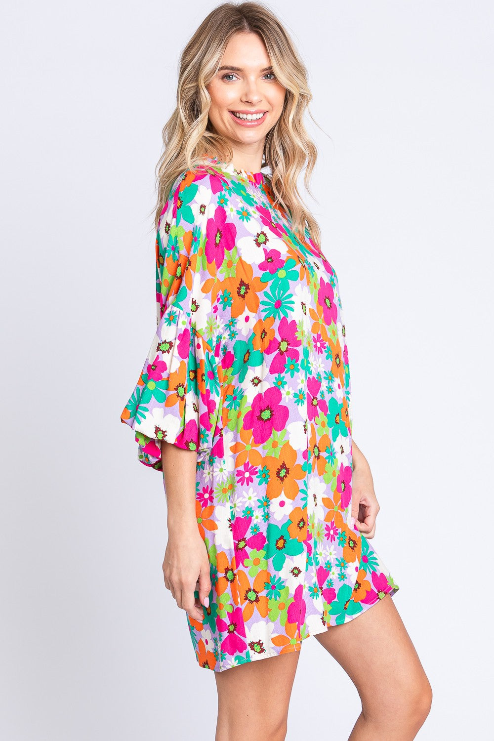 Floral Round Neck Lantern Sleeve Mini Dress